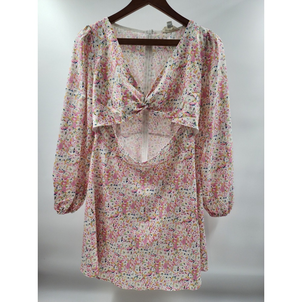 To My Lovers Pink Yellow Floral Twist Front Cutout Long Sleeve Mini Dress M